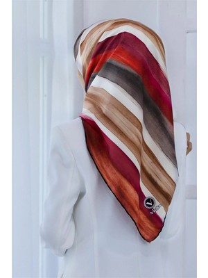 Violla Twill Suluboya Çizgi Desenli Bordo - Vizon Renkli 90X90 Eşarp (Ipek Içermez) Kenar Dikiş Şekli El Dikişli