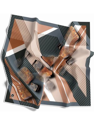 Violla Twill Çizgili ve Geometrik Desenli Somon Renkli 90X90 Eşarp (Ipek Içermez) Kenar Dikiş Şekli El Dikişli