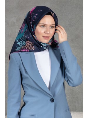 Vissona %100 Twill Ipek Suluboya Çiçek Desenli Lacivert - Pembe Renkli 90X90 Eşarp Dikim Şekli : El Dikişi