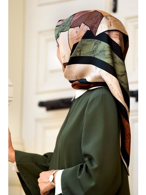 Vissona %100 Twill Ipek Geometrik Mermer Desenli Haki - Bakır Renkli 90X90 Eşarp Dikim Şekli : El Dikişi