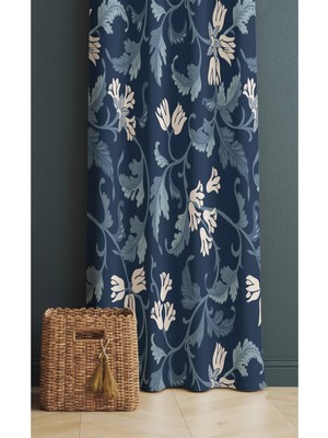 Alamodecor Mavi Laleli Model Tek Kanat Oturma Odası Salon Fon Perde