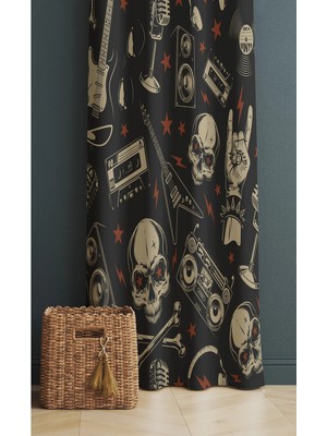 Alamodecor Rock Müzik Metalica Model Kuru Kafalı Tek Kanat Genç Odası Fon Perde