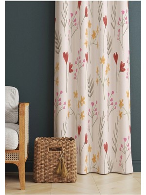 Alamodecor Toz Pembe ve Kırmızı Çiçekli Oturma Odası § Salon Fon Perdesi Tek Kanat