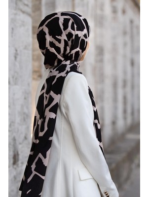 Vissona Lüks Medine Ipeği Taş Desenli Siyah - Sütlükahve Renkli 75X195 Kırışmaz Şal Moss Krep Dikiş Tipi Italyan Dikişli