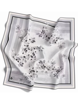 Violla Twill Çiçek Desenli Gri Renkli 90X90 Eşarp (Ipek Içermez) Kenar Dikiş Şekli El Dikişli