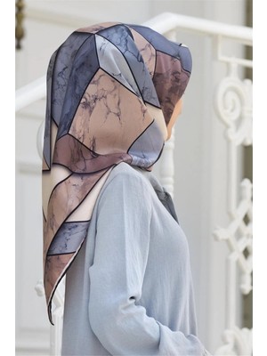 Vissona %100 Twill Ipek Mermer Desenli Bej - Gri Renkli 90X90 Eşarp Dikim Şekli : El Dikişi