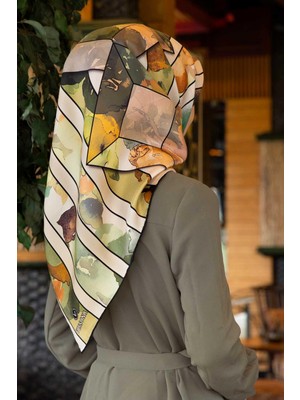 Vissona %100 Twill Ipek Bahar Çiçekleri Desenli Haki Yeşil - Vizon Renkli 90X90 Eşarp Kenar Dikiş Şekli El Dikişli