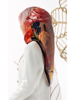 Vissona %100 Twill Ipek Dumanlı Çiçek Desenli Somon Renkli 90X90 Eşarp Kenar Dikiş Şekli El Dikişli