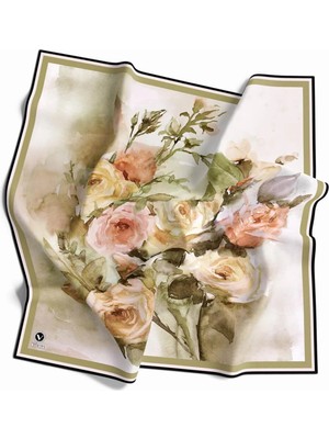 Violla Rayon Çiçek Desenli Haki Renkli 90X90 Eşarp (Ipek Içermez) Kenar Dikiş Şekli El Dikişli
