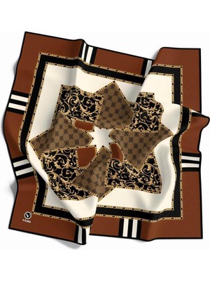 Violla Kristal Ekoseli Gold Desenli Taba - Bej Renkli 90X90 Eşarp (Ipek Içermez) Kenar Dikiş Şekli El Dikişli