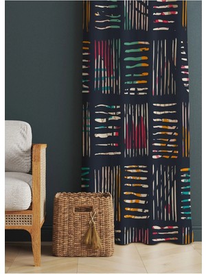 Alamodecor Lacivert ve Çok Renkli Çizgili Geometrik Etnik Desenli Baskılı Fon Perde (Tek Kanat)