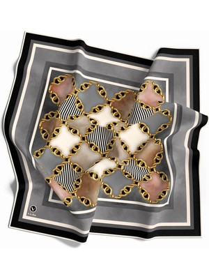 Violla Twill Zincirli Geometrik Desenli Gümüş Renkli 90X90 Eşarp (Ipek Içermez) Dikim Şekli : El Dikişi