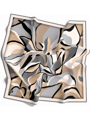 Violla Twilll Büyük Yaprak Desenli Gri - Bej Renkli 90X90 Eşarp (Ipek Içermez) Kenar Dikiş Şekli El Dikişli