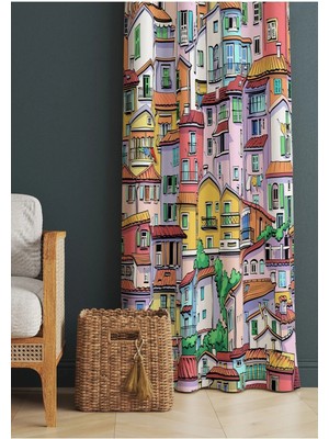 Alamodecor Çok Renkli Iskandinav Evler Etnik Desenli Baskılı Fon Perde (Tek Kanat)