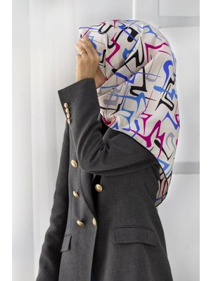 Vissona % 57 Ipek % 43 Viskon Twill Ipek Soyut Geometrik Desenli Fuşya - Saks Renkli 90X90 Eşarp Dikim Şekli : El Dikişi