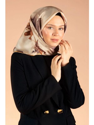 Vissona %100 Twill Ipek Yaprak Desenli Bej - Hardal Renkli 90X90 Eşarp Dikim Şekli : El Dikişi