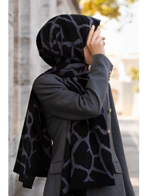 Vissona Lüks Medine Ipeği Taş Desenli Siyah - Füme Renkli 75X195 Kırışmaz Şal Moss Krep Dikiş Tipi Italyan Dikişli