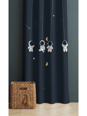 Alamodecor Asılı Astronot Model Koyu Lacivert Model Çocuk Odası & Bebek Odası Fon Perdesi Tek Kanat