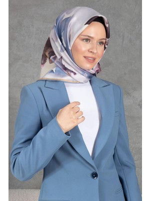 Vissona %100 Twill Ipek Yaprak Desenli Bebe Mavisi - Pembe Renkli 90X90 Eşarp Dikim Şekli : El Dikişi