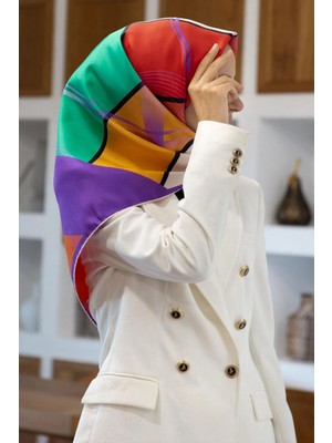 Vissona %100 Twill Ipek Geometrik Desenli Mor - Kırmızı Renkli 90X90 Eşarp Dikim Şekli : El Dikişi