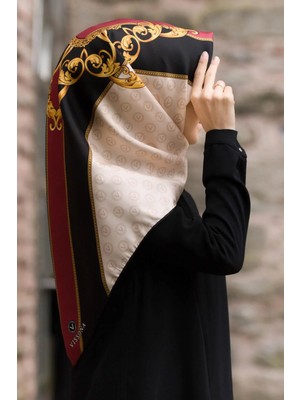 Vissona %100 Twill Ipek Monogram ve Barok Desenli Krem - Bordo Renkli 90X90 Eşarp Dikim Şekli : El Dikişi