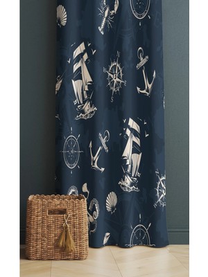 Alamodecor Denizcilik Gemi Yelken Model Mavi Renk Tek Kanat Genç Odası Fon Perde