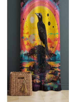 Alamodecor Galaxy Karga Desenli Fon Perde Renkli Soyut Sanat Tasarımı Tek Kanat Genç Odası Fon Perde