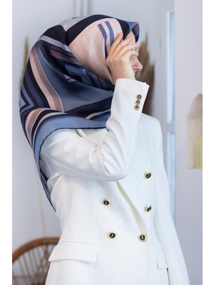 Vissona %100 Twill Ipek Kare Desenli Indigo - Pudra Renkli 90X90 Eşarp Kenar Dikiş Şekli El Dikişli