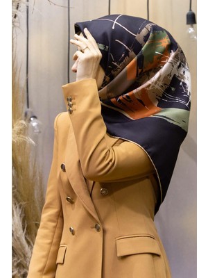 Vissona %100 Twill Ipek Geometrik Desenli Taba - Haki Renkli 90X90 Eşarp Dikim Şekli : El Dikişi