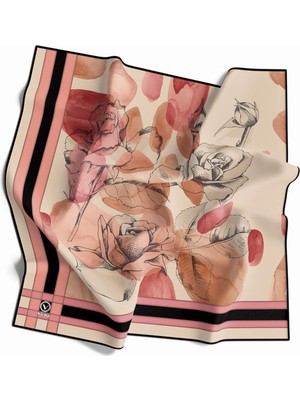 Violla Soft Çiçek Desenli Pudra Renkli 90X90 Eşarp (Ipek Içermez) Kenar Dikiş Şekli El Dikişli