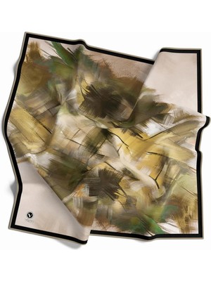 Violla Kristal Fırça Darbesi Desenli Haki Renkli 90X90 Eşarp (Ipek Içermez) Kenar Dikiş Şekli El Dikişli