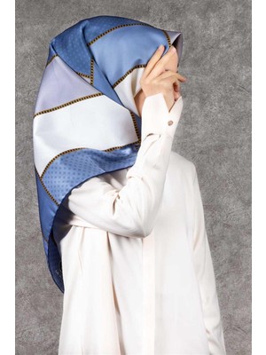 Violla Twill Geometrik Desenli Indigo - Gri Renkli 90X90 Eşarp (Ipek Içermez) Kenar Dikiş Şekli El Dikişli