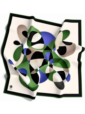 Violla Twill Geometrik Desenli Zümrüt Yeşili - Saks Renkli 90X90 Eşarp (Ipek Içermez) Kenar Dikiş Şekli El Dikişli