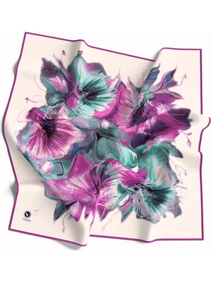 Violla Twill Çiçek Desenli Fuşya - Mint Yeşili Renkli 90X90 Eşarp (Ipek Içermez) Kenar Dikiş Şekli El Dikişli