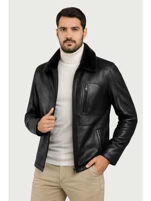Derije Carlos Hakiki Deri Erkek Siyah Seyyar Kürk Yaka Ceket-Mont