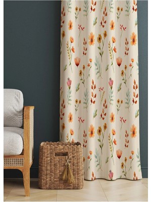 Alamodecor Krem Rengi Turuncu ve Kahverengi Çiçek Desenli Baskılı Fon Perde (Tek Kanat)