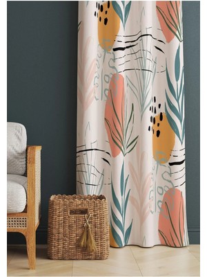 Alamodecor Yaprak Desenli Turuncu ve Toz Pembe Renkli Oturma Odası & Salon Fon Perde Tek Kanat