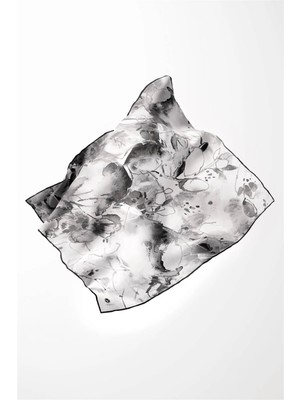 Violla Twill Batik Çiçek Desenli Gri Renkli 90X90 Eşarp (Ipek Içermez) Kenar Dikiş Şekli El Dikişli