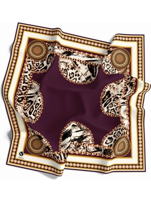 Violla Kristal Zincirli Leopar Desenli Mürdüm Renkli 90X90 Eşarp (Ipek Içermez) Kenar Dikiş Şekli El Dikişli
