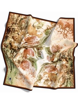 Violla Rayon Sulu Boyalı Çiçek Desenli Taba Renkli 90X90 Eşarp (Ipek Içermez) Kenar Dikiş Şekli El Dikişli