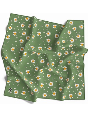 Violla Twill Papatya Desenli Koyu Mint Yeşili Renkli 90X90 Eşarp (Ipek Içermez) Kenar Dikiş Şekli El Dikişli