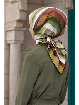 Violla Twill Suluboya Çizgi Desenli Haki - Kiremit Renkli 90X90 Eşarp (Ipek Içermez) Kenar Dikiş Şekli El Dikişli