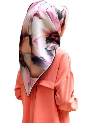 Vissona %100 Twill Ipek Batik Çiçek Desenli Somon - Lila Renkli 90X90 Eşarp Kenar Dikiş Şekli El Dikişli