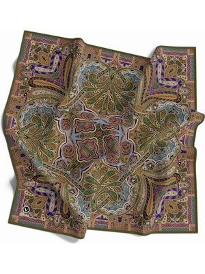 Violla Kristal Şal Desenli Haki - Indigo Renkli 90X90 Eşarp (Ipek Içermez) Kenar Dikiş Şekli El Dikişli