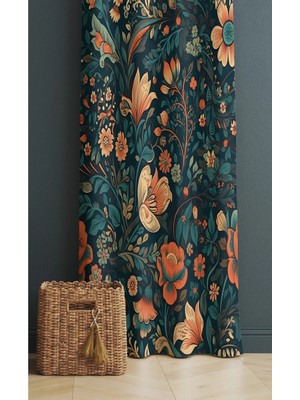 Alamodecor Turuncu Yeşil Çiçekli Model Tek Kanat Oturma Odası Salon Fon Perde