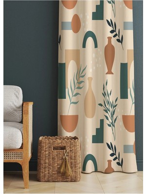 Alamodecor Krem Bohem Desenli Soyut Çizim Oturma Odası § Salon Fon Perdesi Tek Kanat