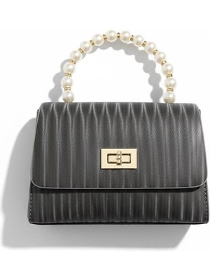 Rafiel Inci Saplı Antrasit Kapitone Kadın El ve Omuz Çantası - Kilit Detaylı Abiye Çanta