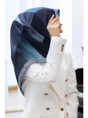 Vissona %100 Twill Ipek Geometrik Desenli Cam Göbeği - Gri Renkli 90X90 Eşarp Dikim Şekli : El Dikişi