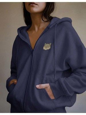 Muhtar Store Kadın Uzun Tüylü Kedi Baskılı Tam Boy Fermuarlı Oversize Hoodie