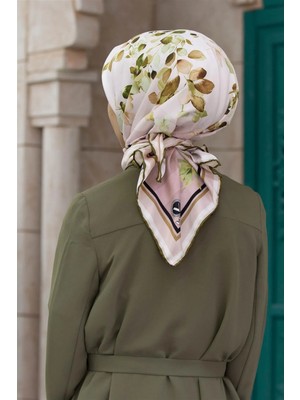 Violla Twill Çiçek Desenli Haki Yeşili Renkli 90X90 Eşarp (Ipek Içermez) Kenar Dikiş Şekli El Dikişli